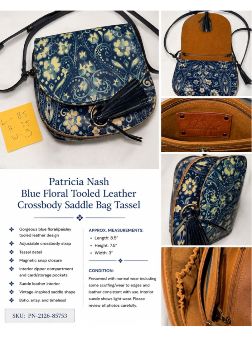 Patricia Nash Blue Floral Tooled Leather Crossbody Saddle Bag Tassel